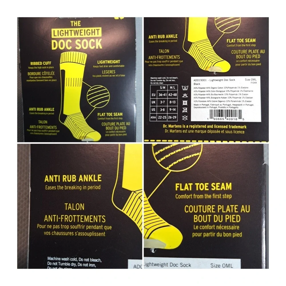 2-Pairs Dr. Martens The Lightweight Doc Sock‎ Black/Yellow Size M/L